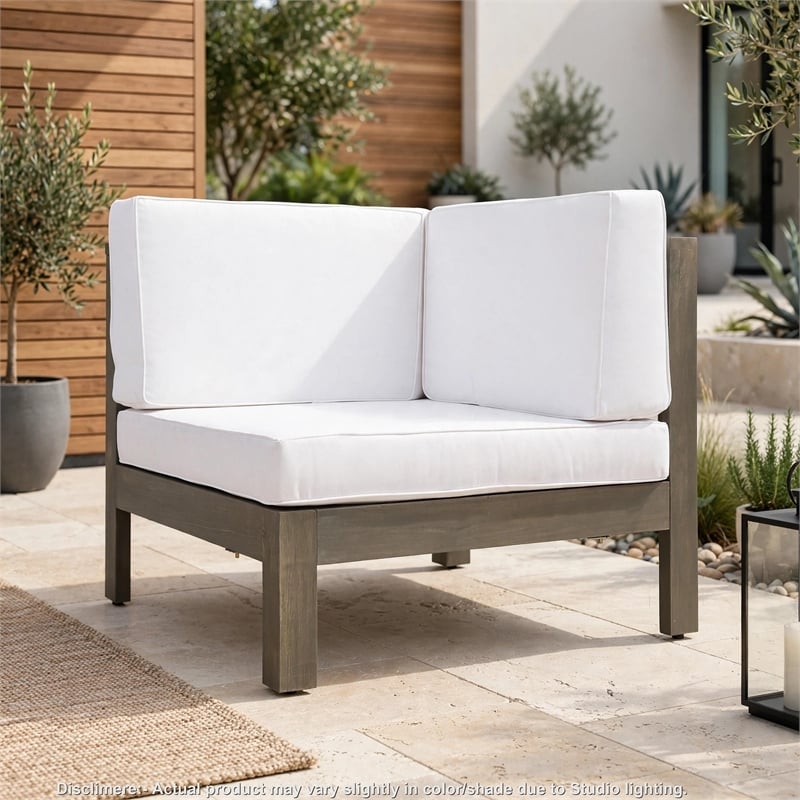 Carie Outdoor Right Arm Chair- White Cushions- Slatted Gray Wood