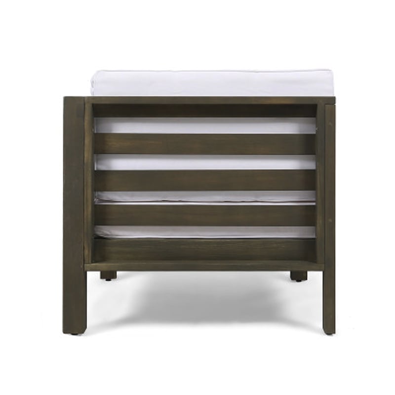 Carie Outdoor Left Arm Chair- White Fabric Cushions- Slatted Gray Wood