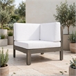 Carie Outdoor Left Arm Chair- White Fabric Cushions- Slatted Gray Wood