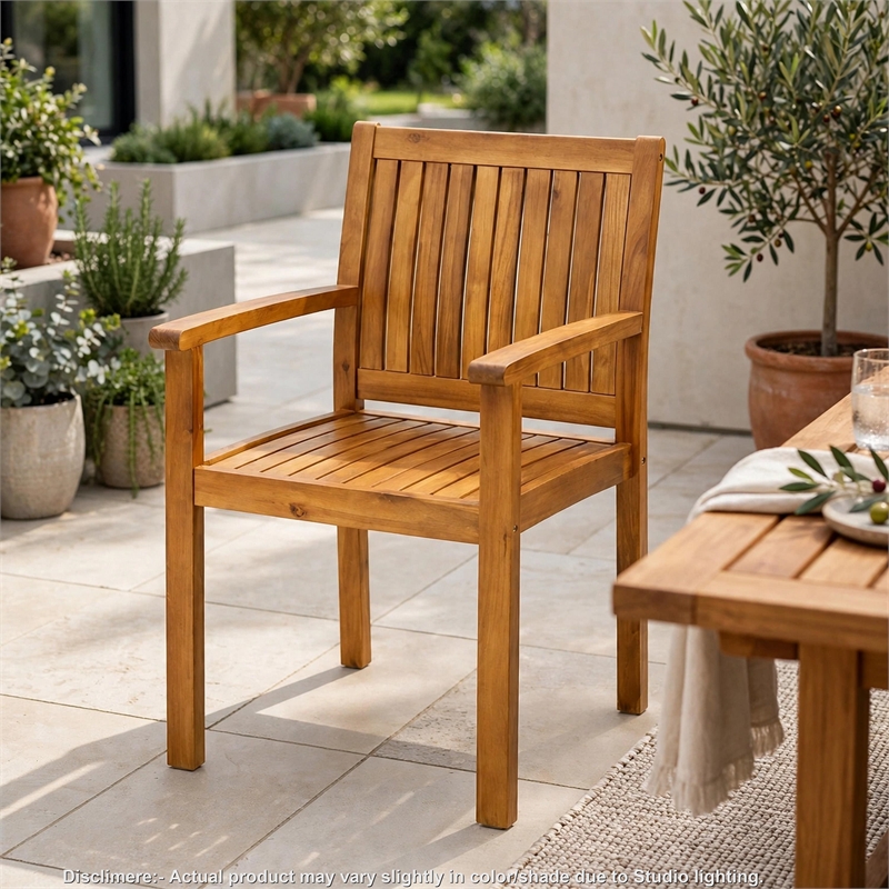 Alison Outdoor Dining Chair Set of 2- Brown Acacia Wood- Slat Panel