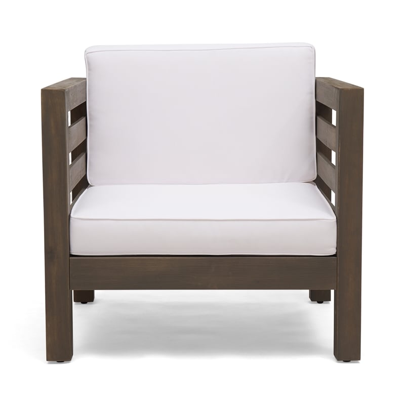 Carie Outdoor Club Chair- White Fabric Cushions- Slatted Frame- Gray Wood