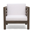Carie Outdoor Club Chair- White Fabric Cushions- Slatted Frame- Gray Wood