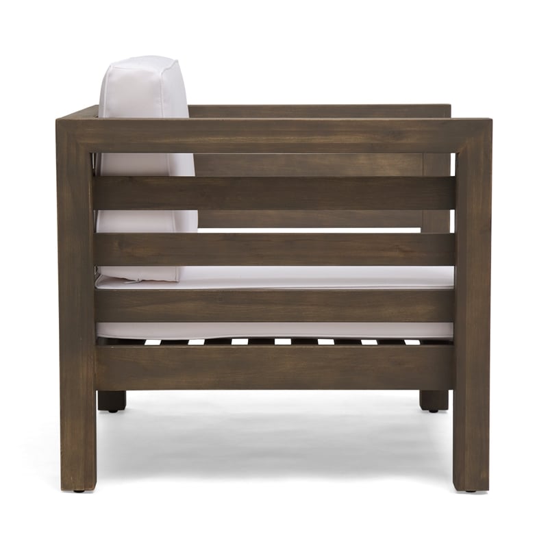 Carie Outdoor Club Chair- White Fabric Cushions- Slatted Frame- Gray Wood