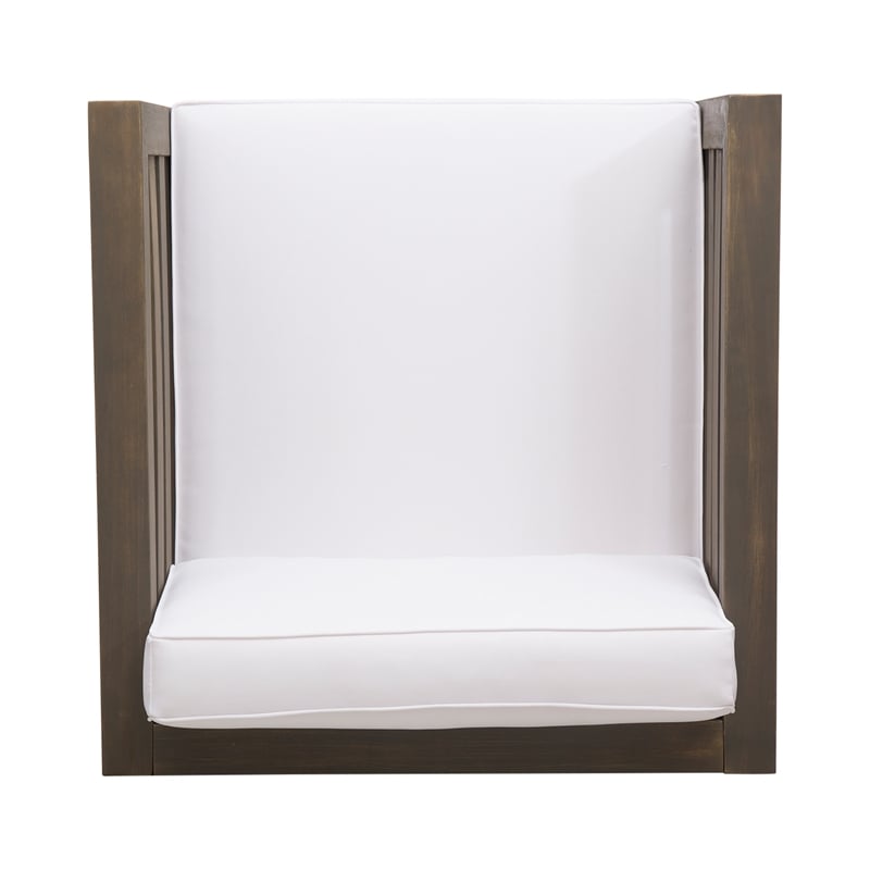 Carie Outdoor Club Chair- White Fabric Cushions- Slatted Frame- Gray Wood