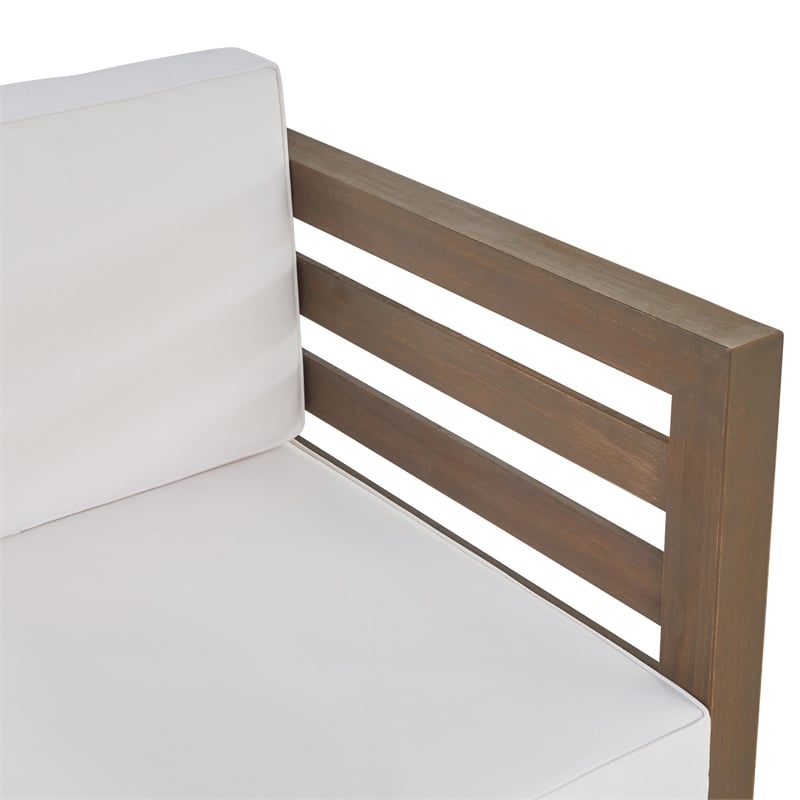 Carie Outdoor Club Chair- White Fabric Cushions- Slatted Frame- Gray Wood