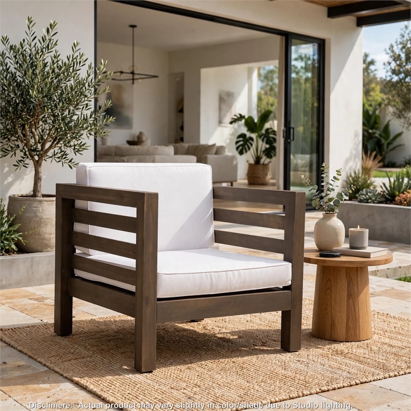 Carie Outdoor Club Chair- White Fabric Cushions- Slatted Frame- Gray Wood