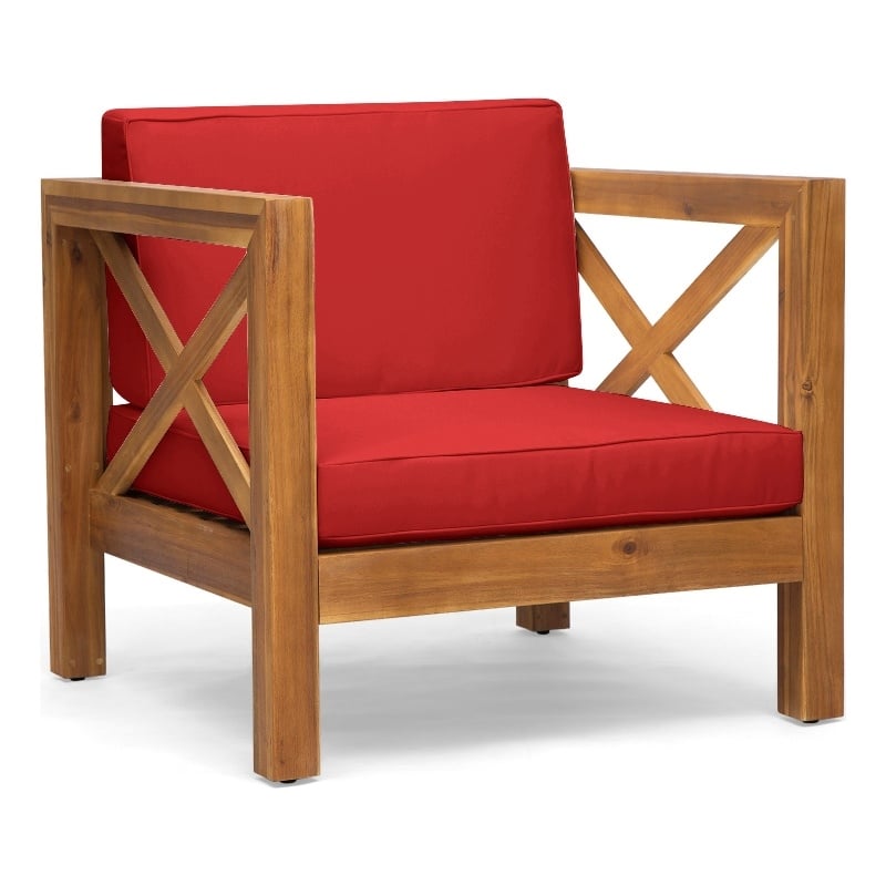 Juna Outdoor Club Chair- Water Resistant Red Cushions- Teak Finish