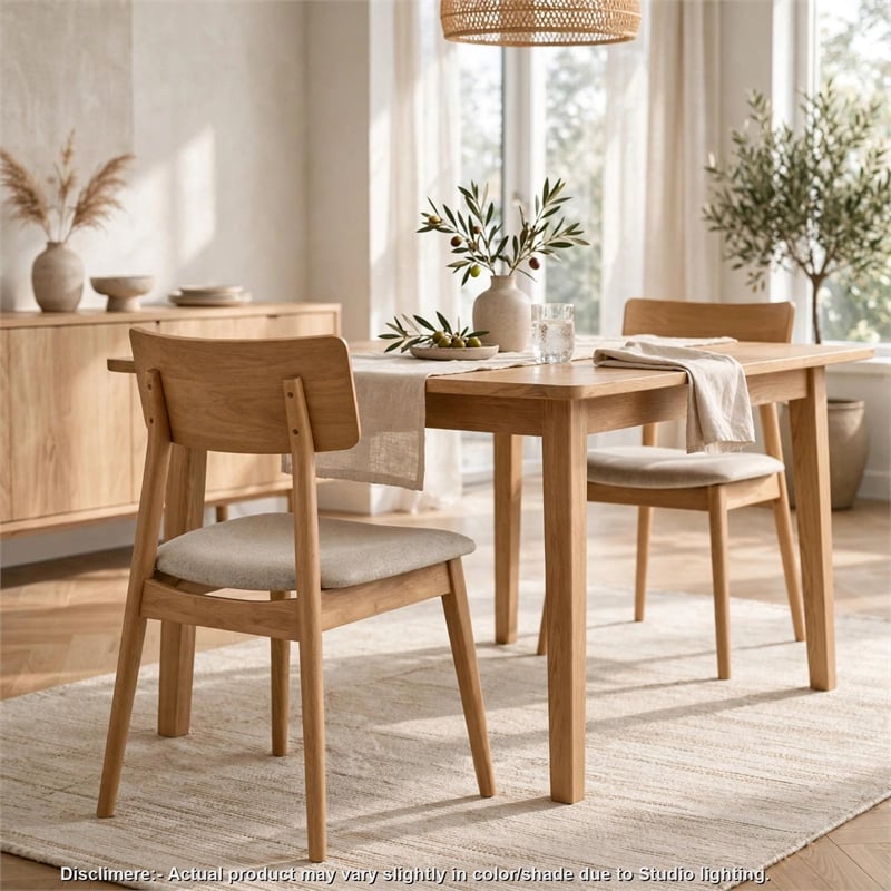 Zoya Dining Side Chair with Wooden Frame- Set of 2- Beige Fabric