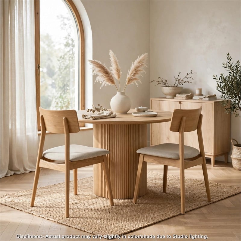 Zoya Dining Side Chair with Wooden Frame- Set of 2- Beige Fabric