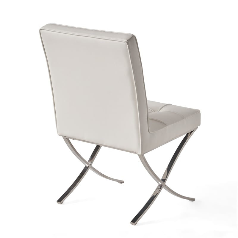 Pavy Dining Side Chair Set of 2- Tufted White Faux Leather- Silver X Legs