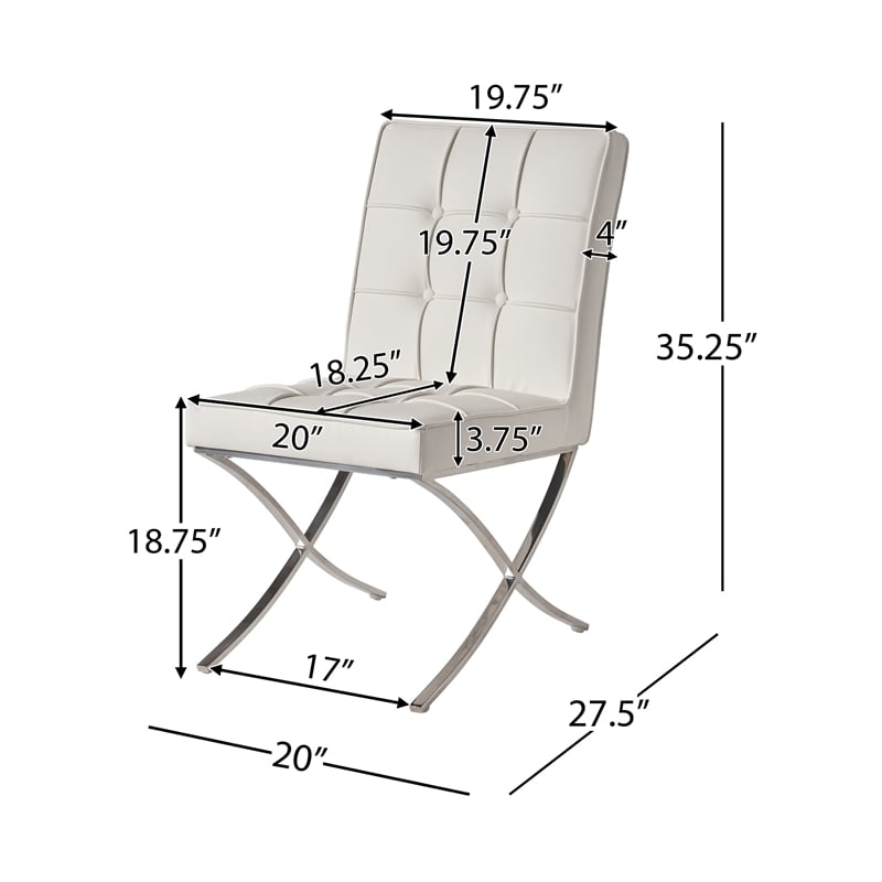 Pavy Dining Side Chair Set of 2- Tufted White Faux Leather- Silver X Legs