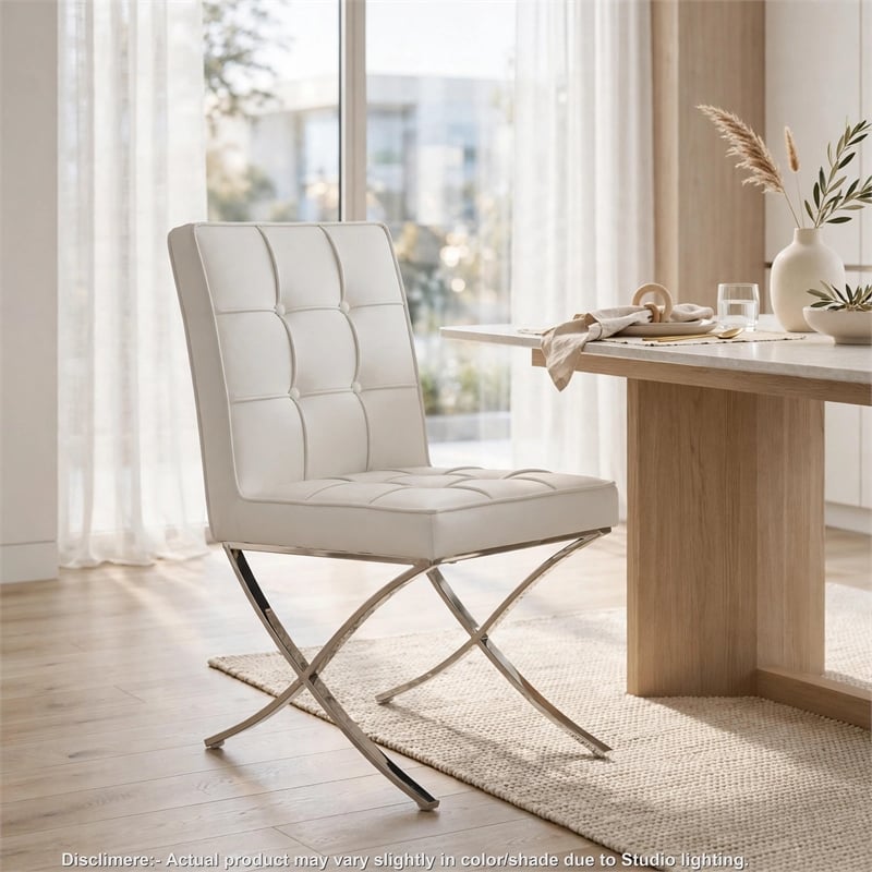 Pavy Dining Side Chair Set of 2- Tufted White Faux Leather- Silver X Legs