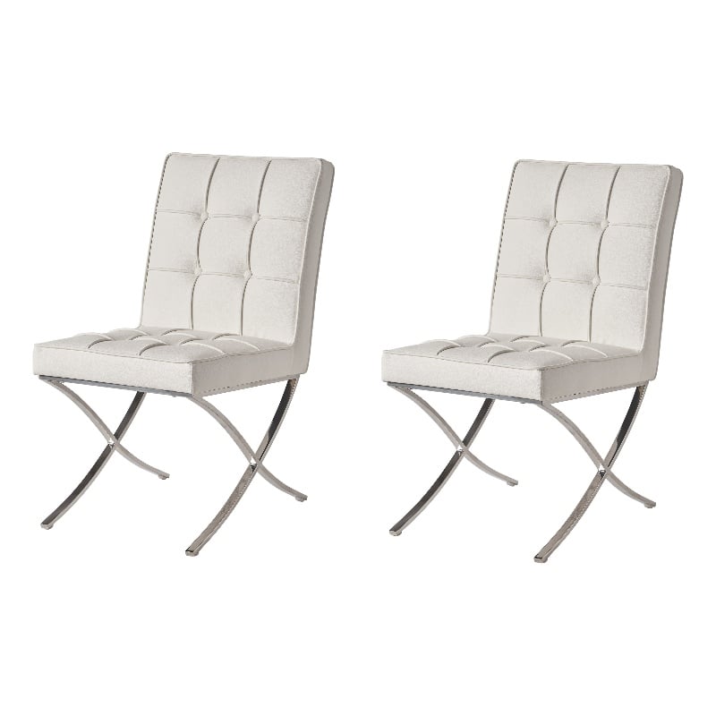 Pavy Dining Side Chair Set of 2- Tufted White Faux Leather- Silver X Legs