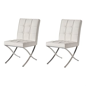Pavy Dining Side Chair Set of 2- Tufted White Faux Leather- Silver X Legs