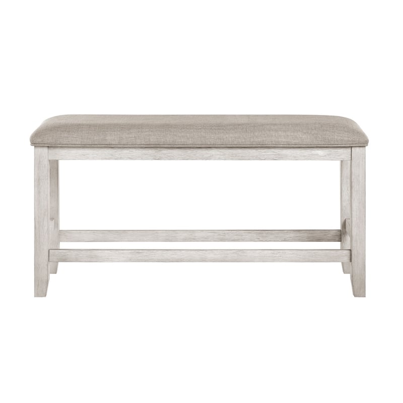 Vile Counter-Height Dining Bench- Gray Fabric Seat- Antique White Wood