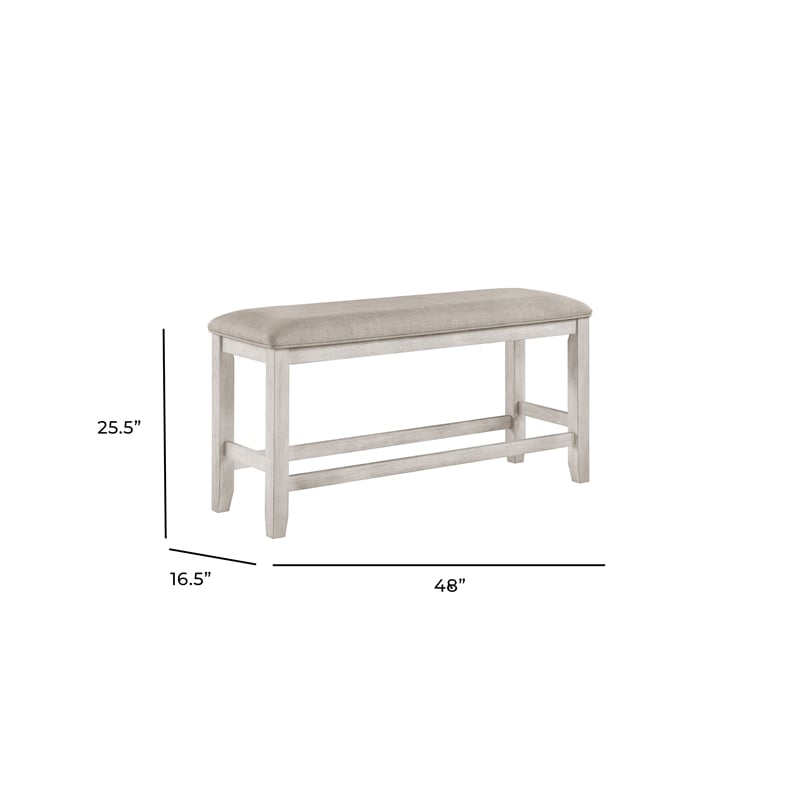 Vile Counter-Height Dining Bench- Gray Fabric Seat- Antique White Wood