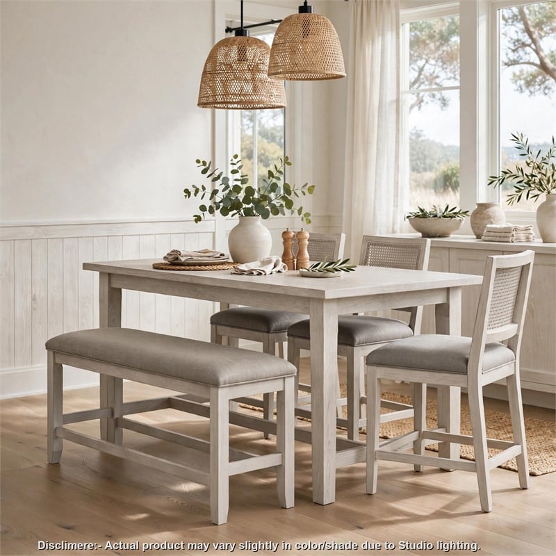 Vile Counter-Height Dining Bench- Gray Fabric Seat- Antique White Wood