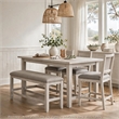 Vile Counter-Height Dining Bench- Gray Fabric Seat- Antique White Wood