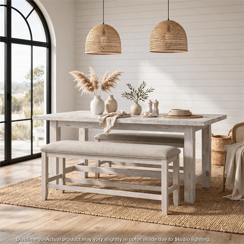 Vile Counter-Height Dining Bench- Gray Fabric Seat- Antique White Wood