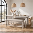 Vile Counter-Height Dining Bench- Gray Fabric Seat- Antique White Wood