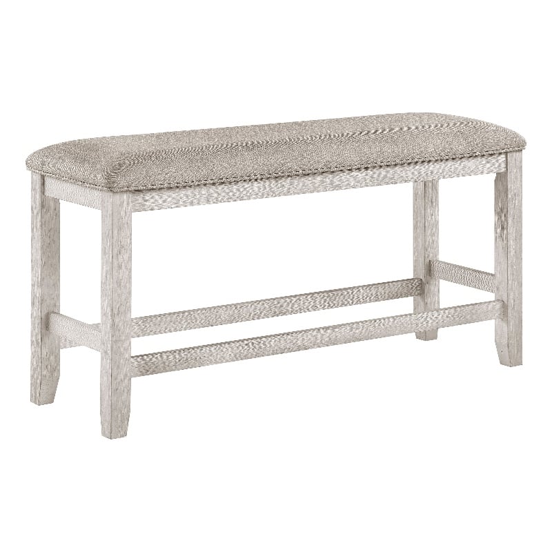 Vile Counter-Height Dining Bench- Gray Fabric Seat- Antique White Wood
