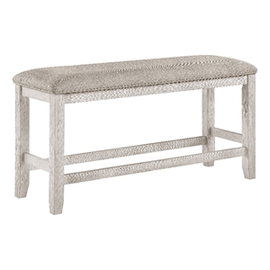 Vile Counter-Height Dining Bench- Gray Fabric Seat- Antique White Wood