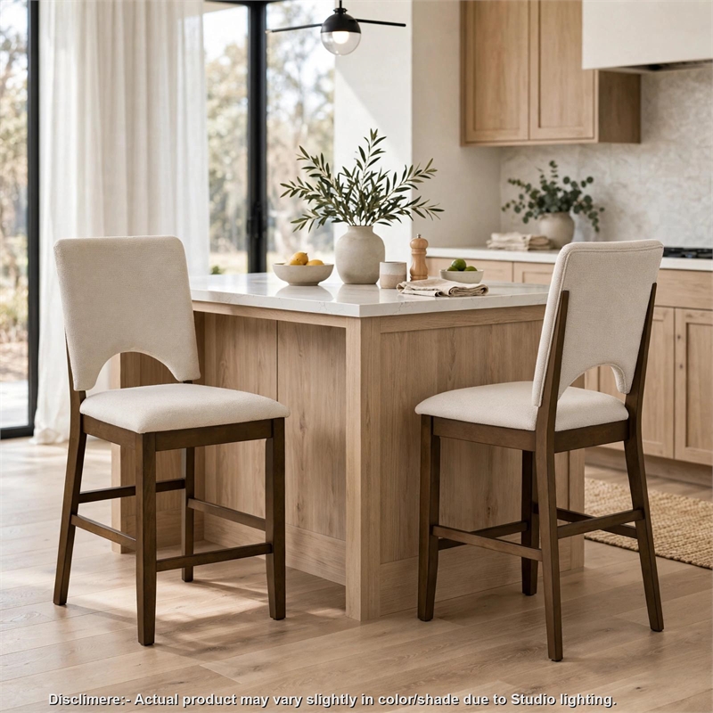 Andre Counter Height Chair- Set of 2- Brown Wood Frame- Beige Fabric
