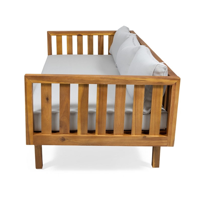 Clara Outdoor 3 Seater Daybed- Water Resistant Gray Cushions- Teak- 68 Inch