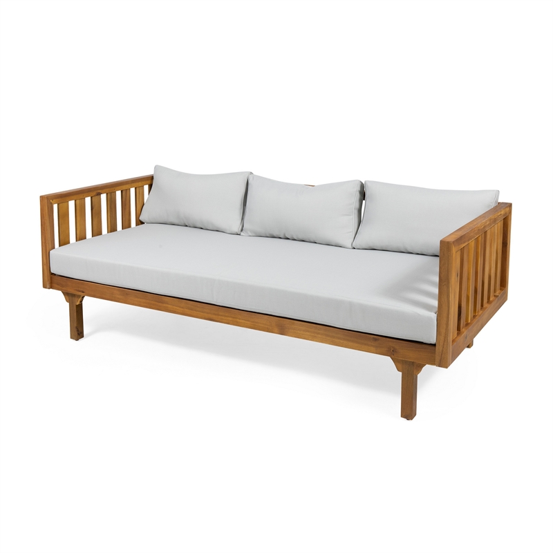 Clara Outdoor 3 Seater Daybed- Water Resistant Gray Cushions- Teak- 68 Inch