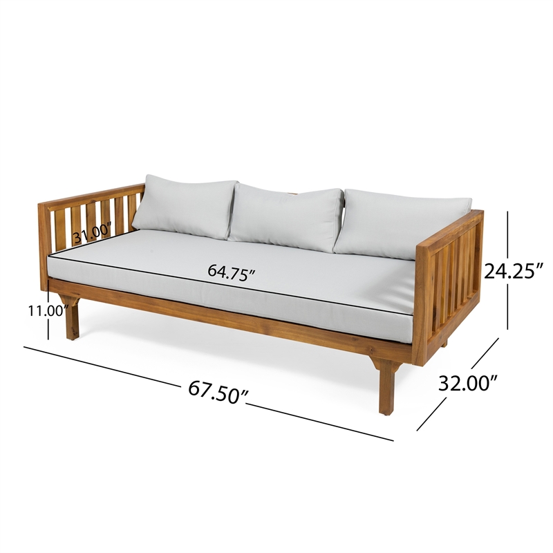 Clara Outdoor 3 Seater Daybed- Water Resistant Gray Cushions- Teak- 68 Inch