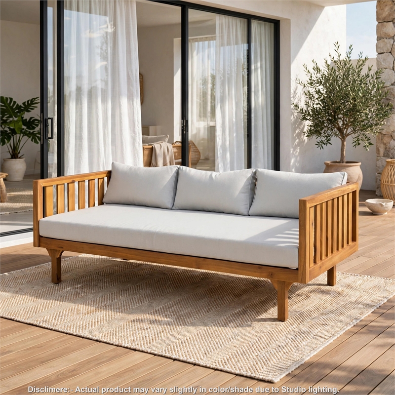 Clara Outdoor 3 Seater Daybed- Water Resistant Gray Cushions- Teak- 68 Inch
