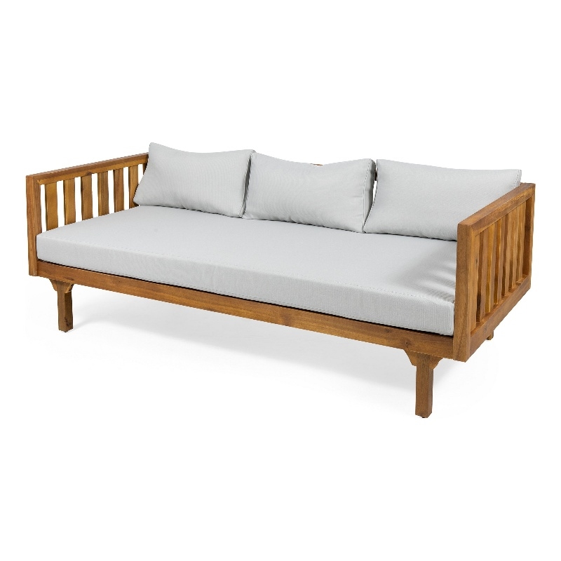 Clara Outdoor 3 Seater Daybed- Water Resistant Gray Cushions- Teak- 68 Inch