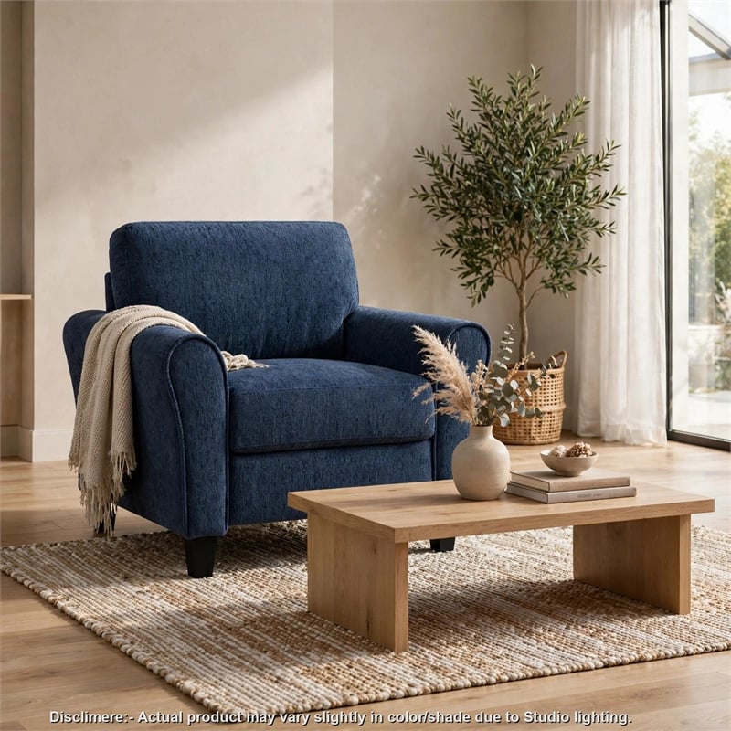 Elon Club Chair with Black Feet- Rolled Arms Design- Blue Chenille