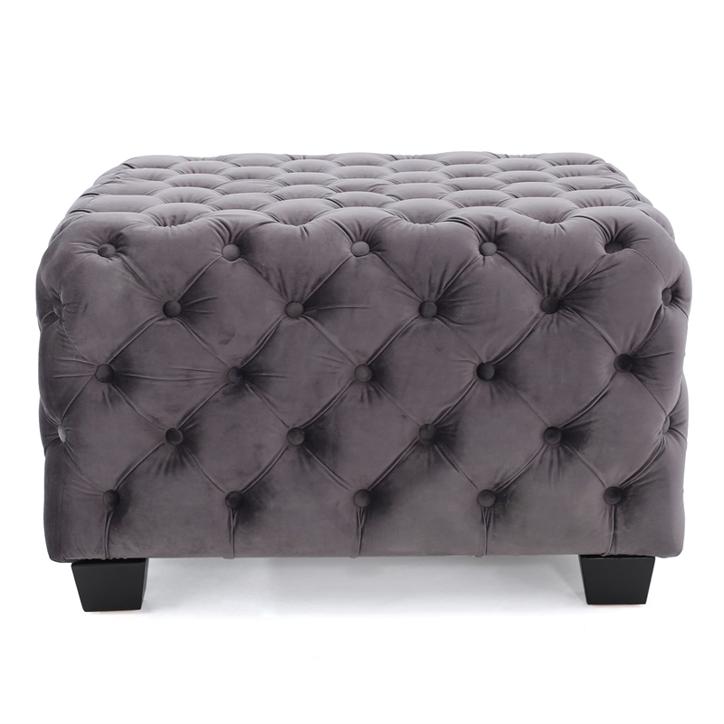 Accent Ottoman- Cubic Shape- Button Tufted Gray Velvet- Black 29 Inch
