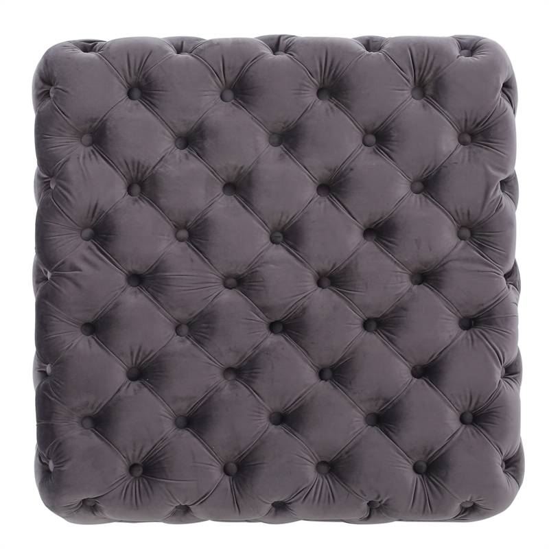 Accent Ottoman- Cubic Shape- Button Tufted Gray Velvet- Black 29 Inch