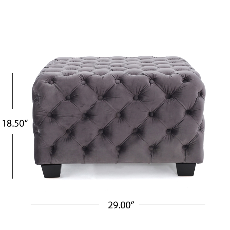 Accent Ottoman- Cubic Shape- Button Tufted Gray Velvet- Black 29 Inch
