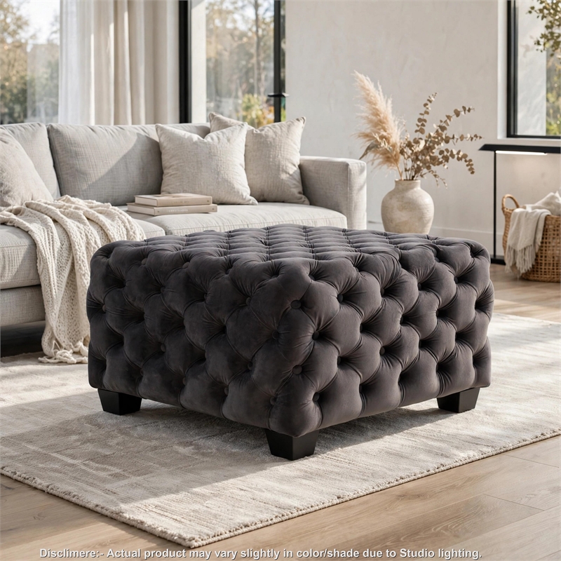 Accent Ottoman- Cubic Shape- Button Tufted Gray Velvet- Black 29 Inch
