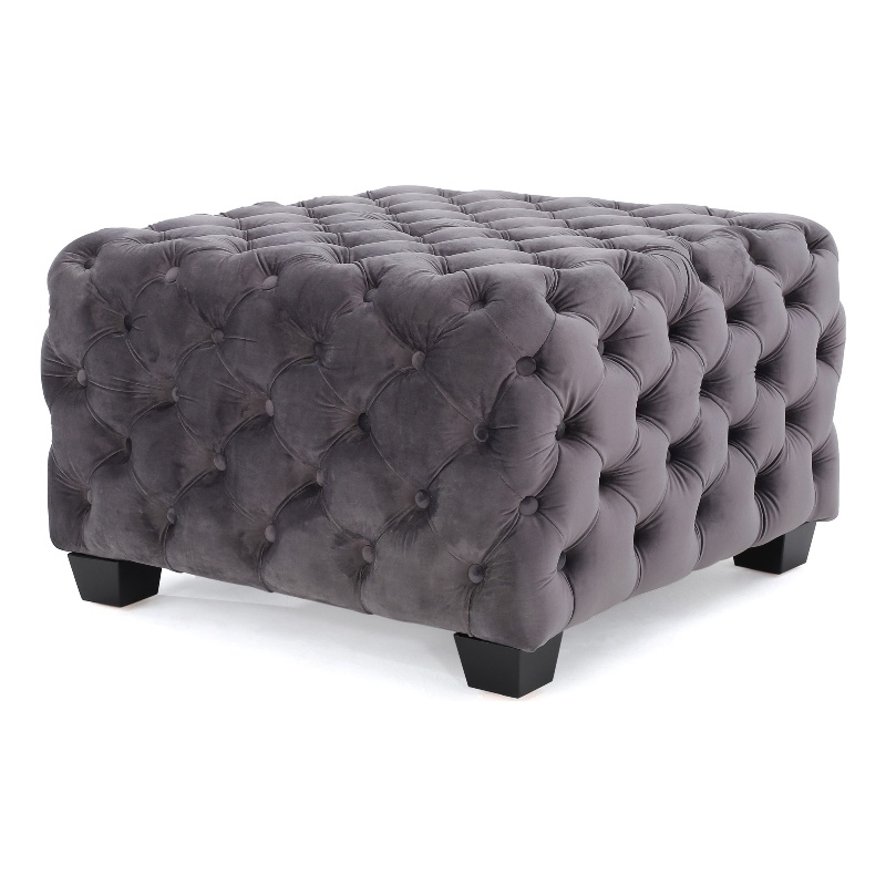 Accent Ottoman- Cubic Shape- Button Tufted Gray Velvet- Black 29 Inch
