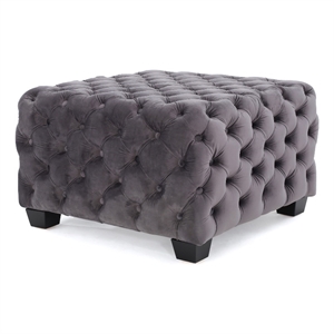 Accent Ottoman- Cubic Shape- Button Tufted Gray Velvet- Black 29 Inch