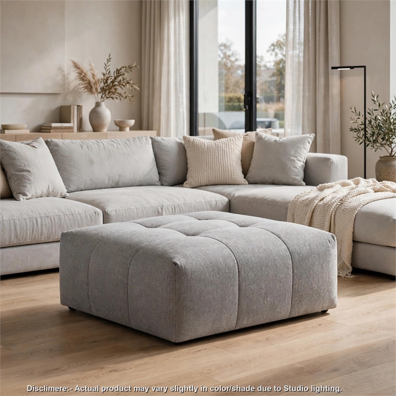 Tanya Ottoman with Casters- Plush Cushion Top- Gray Tufted Fabric- 46 Inch