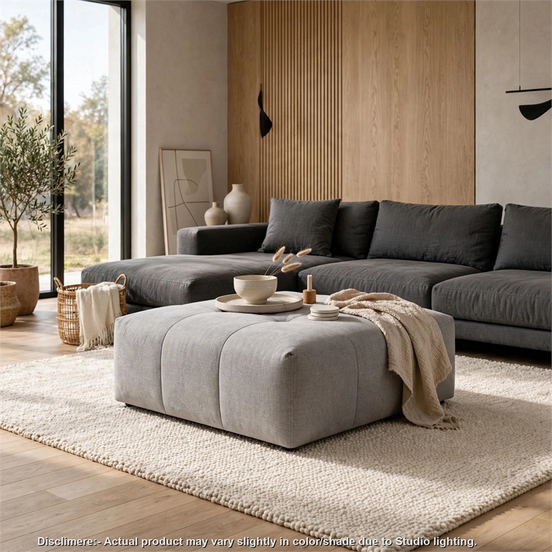 Tanya Ottoman with Casters- Plush Cushion Top- Gray Tufted Fabric- 46 Inch