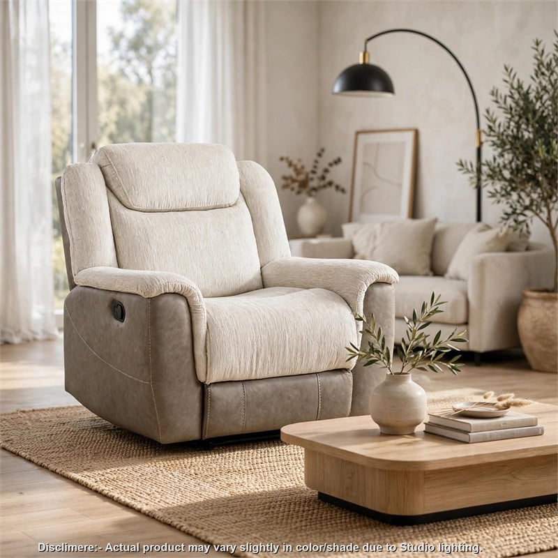 Feo Manual Reclining Chair- Foam Fill Beige Chenille and Taupe Microfiber