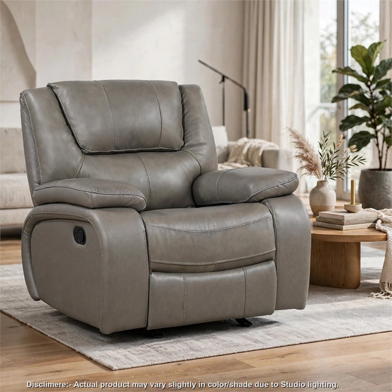 Licot Manual Glider Reclining Chair- Foam Fill  Gray Top Grain Leather