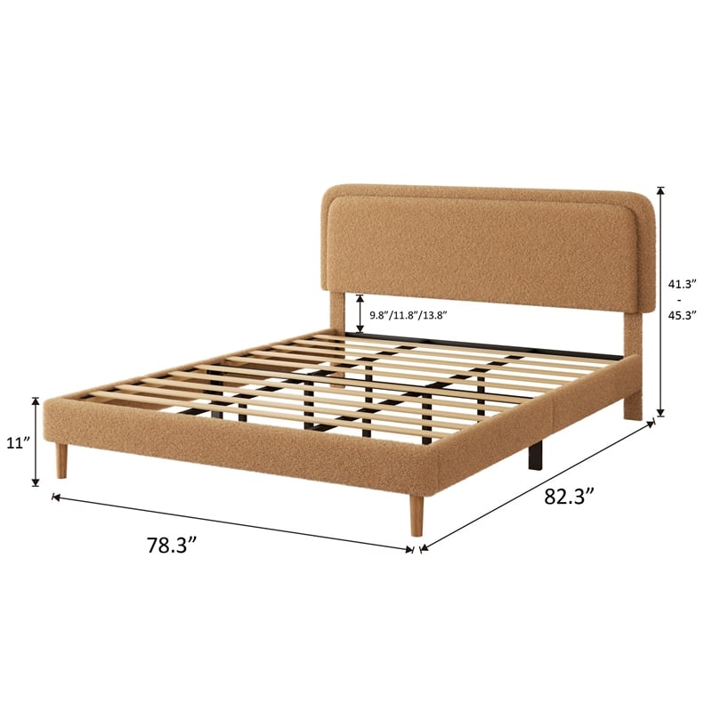 Pedro King Platform Bed with Adjustable Plush Headboard- Brown Fabric