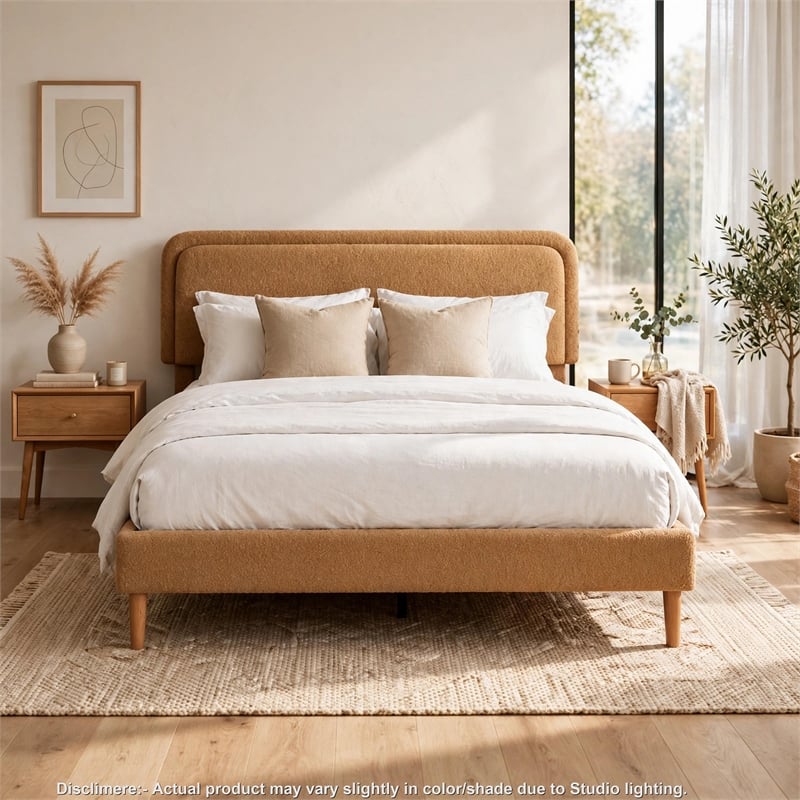 Pedro King Platform Bed with Adjustable Plush Headboard- Brown Fabric