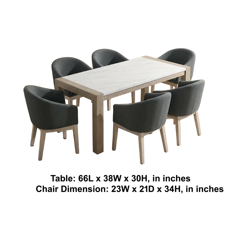 Teny 7Pc Dining Set with Faux Marble Top- Gray Fabric Barrel Chairs