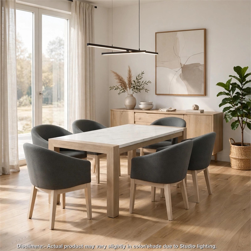 Teny 7Pc Dining Set with Faux Marble Top- Gray Fabric Barrel Chairs