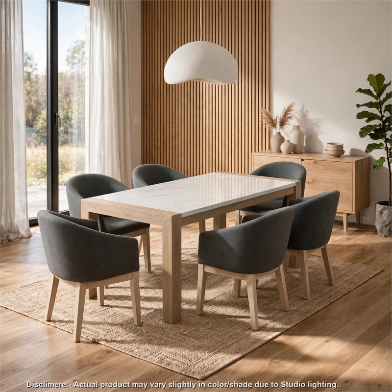 Teny 7Pc Dining Set with Faux Marble Top- Gray Fabric Barrel Chairs