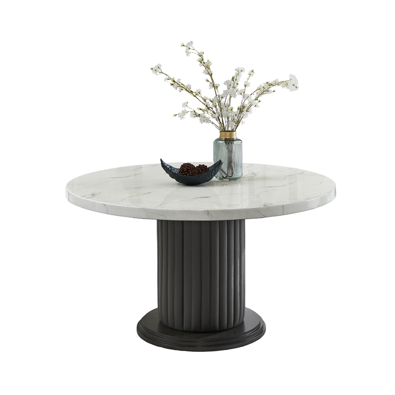Beny 5pc Dining Set with Round Faux Marble Top- Gray Fabric Barrel Chairs