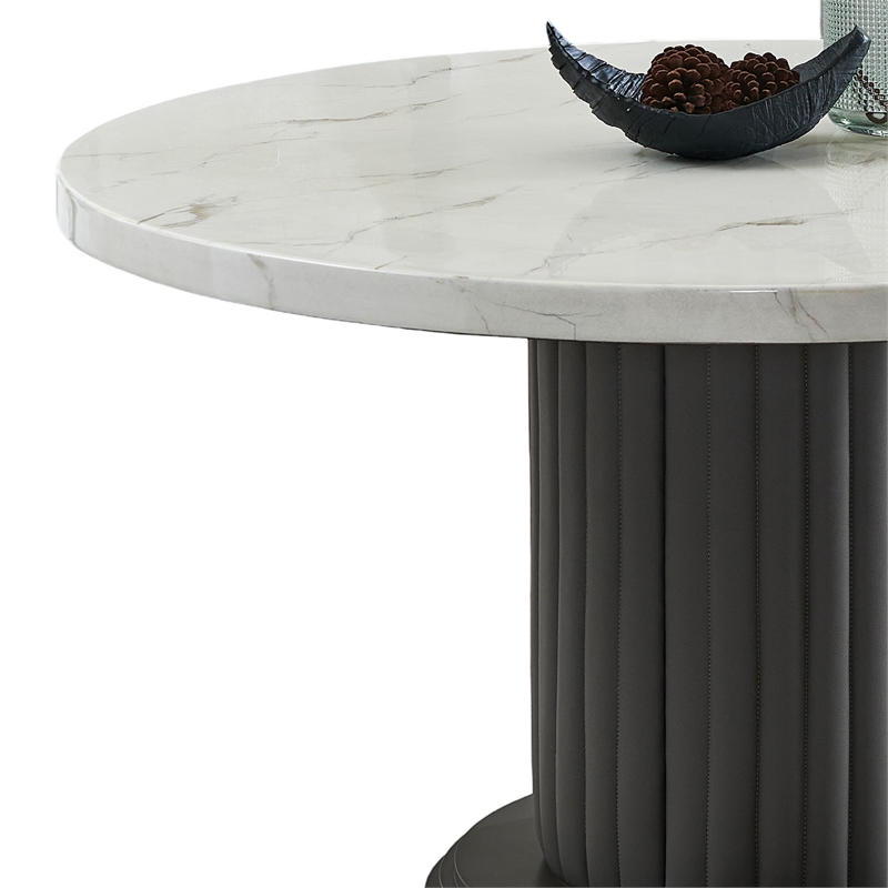Beny 5pc Dining Set with Round Faux Marble Top- Gray Fabric Barrel Chairs